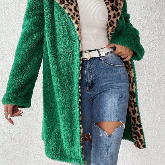 Contrast Leopard Pattern Lapel Neck Fleece Coat - Picture 3 of 5